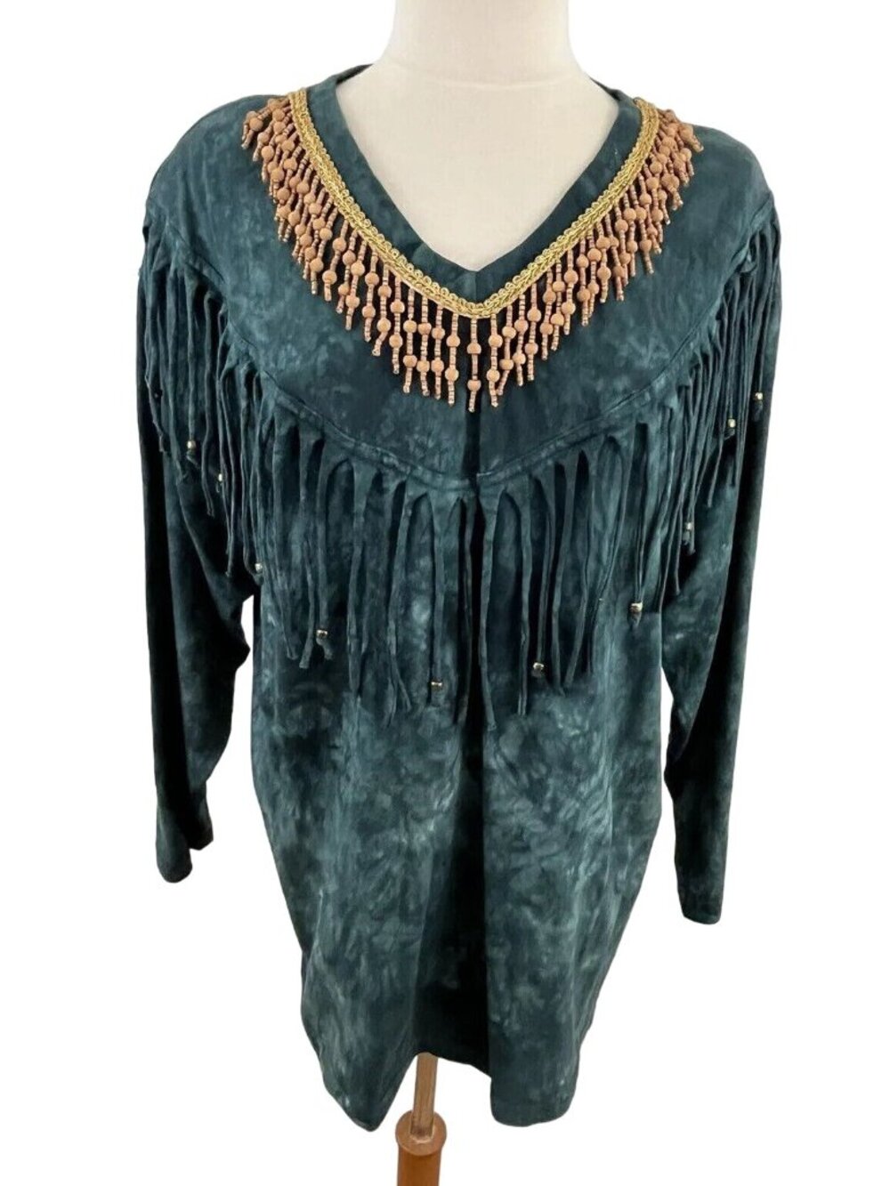 Vintage 90s Intrigue Women's OSFA Tie Dye Shirt Beaded Top Fabric Fringe